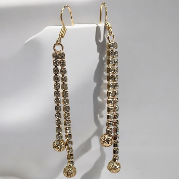 Double Golden Rhinestone Dangle Earrings - Picture 3 of 5